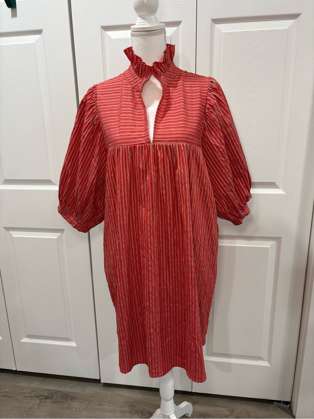 Jade Red Striped Ruffle-Neck Puff Sleeve Dress